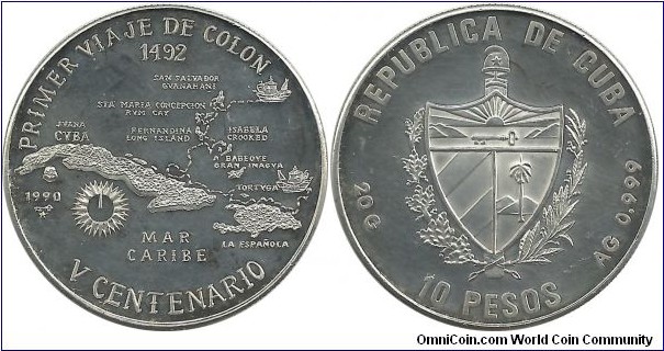 Cuba 10 Pesos 1990 - Discovery of America Serie (20.00 g, 0.999 Ag)
