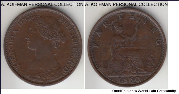 KM-747.2, 1860 Great Britain farthing; bronze, plain edge; 3-B die pair - 5 berries toothed obverse and large rock and toothed reverse (see aboutfarthings.co.uk for more info), despite light obverse lamination, decent grade, probably a good very fine to about extra fine.