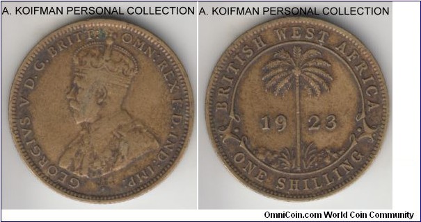 KM-12a, 1923 British West Africa shilling, Heaton mint (H mint mark); tin-brass, reeded edge; scarcer early George VI tin brass issue, fine.