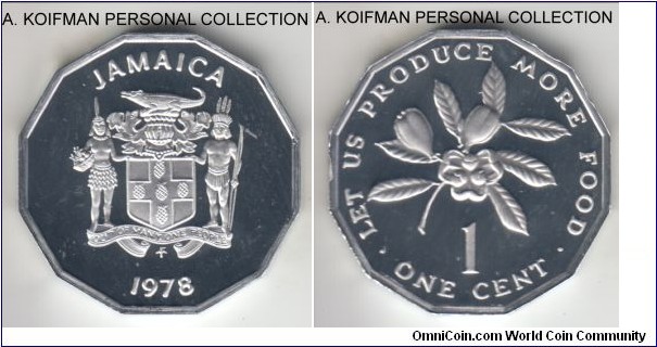 KM-68, 1978 Jamaica cent, Franklin Mint (FM mint mark in monogram); proof, aluminum, plain edge, 12-sided; originally a FAO issue, this design stayed on for many years with LET US PRODUCE MORE FOOD motto around the edge on reverse, mintage 6,058 from the proof set, decent deep cameo proof.