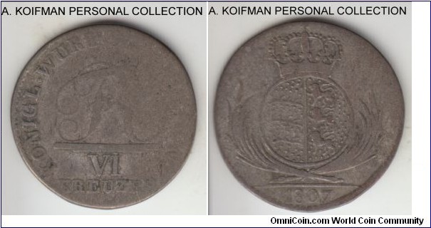 KM-495, 1807 German State Wurttemberg 6 kreuzer; no mint mark; low grade silver; less common type, obverse is well worn for these billon coins, but reverse is decent and clear.