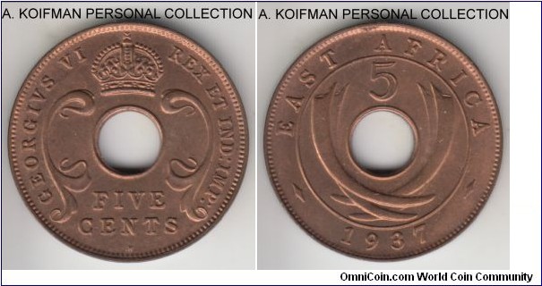 KM-25.1, 1937 East Africa 5 cents, Heaton mint (H mint mark); bronze, plain edge; earlier thick flan variety, red brown uncirculated.