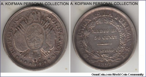 KM-161.5, 1895 Bolivia 50 centavos, ES essayer, Potosi mint (PTS mintmark in monogram); silver, reeded edge; very fine or about, obverse flan defect.