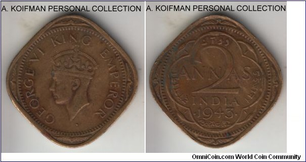 KM-541a, 1943 British India 2 annas, Bombay mint (dot under bust on obverse); nickel-brass, plain edge, square flan; minted in abundance, over 300 million pieces, well circulated, fine to very fine.