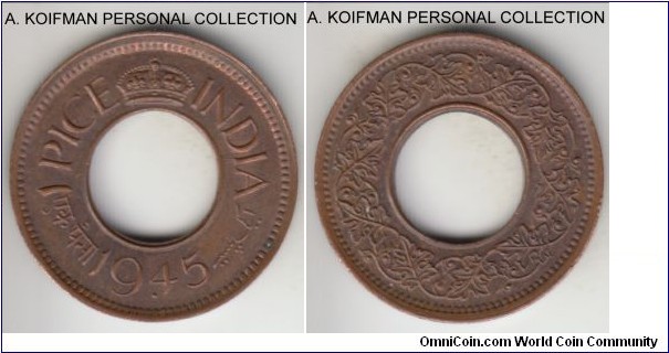 KM-533, 1945 British India pice, Bombay mint (large dot under date on obverse); bronze, plain edge; holed flan; flat crown (FC) variety, uncirculated or about.