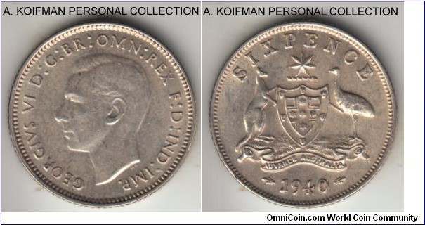 KM-38, 1940 Australia 6 pence, Melbourne mint (no mint mark); silver, reeded edge; George VI earlier and smaller mintage year, good extra fine to about uncirculated, but weaker strike.