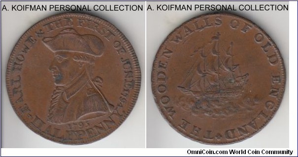 D&H#30, 1795 Great Britain half penny token; copper, lettered edge, 28 mm, coin die alignment; Earl Howe (Lancashire or Hamswoth-Hampshire), Obverse: Bust facing left, legend around, date and denomination below, 