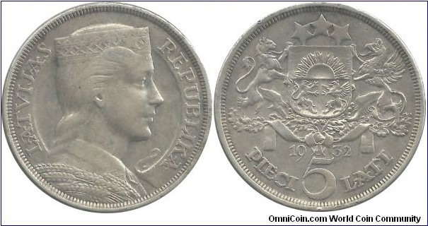 Latvia 5 Lati 1932 (Rare date)