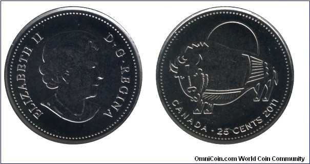 Canada, 25 cents, 2011, Ni-Steel, 23.9mm, 4.4g, Queen Elzabeth II, Stylized Bison.