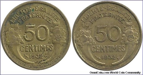 France 50 Centimes 1932 -closed 9-left; -open 9-right 