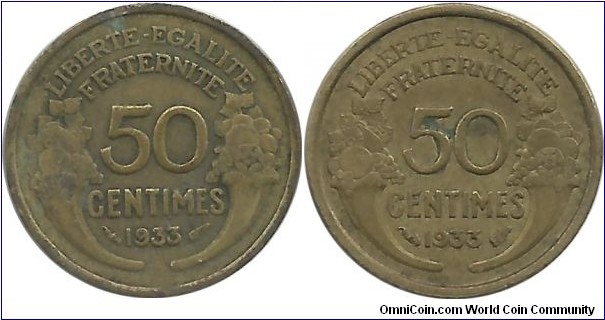 France 50 Centimes 1933-closed 9- left; -open 9- right