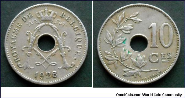 Belgium 10 centimes.
1928, French text. Overdate possible.