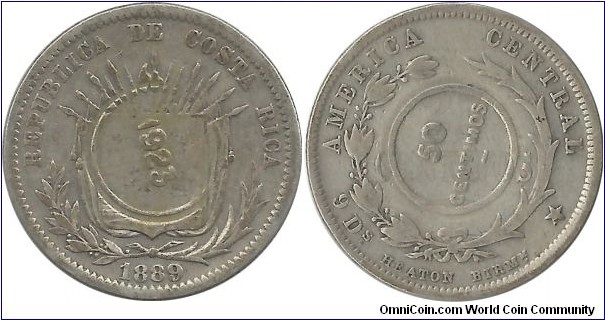 CostaRica 50 Centimos 1923 (on 25 Centavos 1889H) (6.30 g, 0.750 Silver, 25 mm ; Obv: '1923' on old shield ; Rev: '50 Centimos' in circle Note: Counterstamped on 25 Centavos, KM#130)