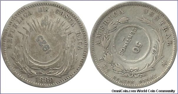 CostaRica 50 Centimos 1923 (on 25 Centavos 1889H) (6.30 g, 0.750 Silver, 25 mm ; Obv: '1923' on old shield ; Rev: '50 Centimos' in circle)   
Note: Counterstamped
on 25 Centavos, KM#130