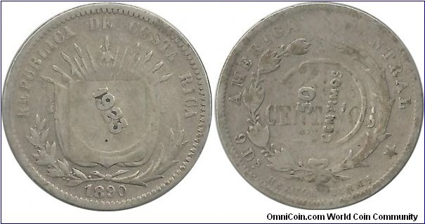 CostaRica 50 Centimos 1923 (on 25 Centavos 1890H)