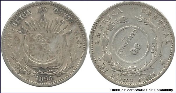 CostaRica 50 Centimos 1923 (on 25 Centavos 1890H)