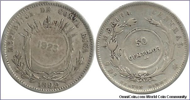 CostaRica 50 Centimos 1923 (on 25 Centavos 1892H)