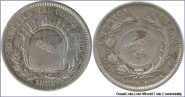 CostaRica 50 Centimos 1923 (on 25 Centavos 1892H)