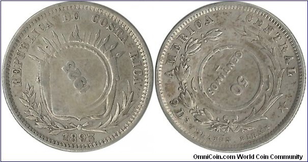 CostaRica 50 Centimos 1923 (on 25 Centavos 1893H)