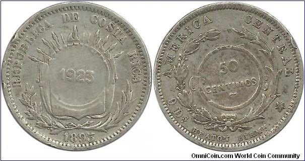 CostaRica 50 Centimos 1923 (on 25 Centavos 1893H)