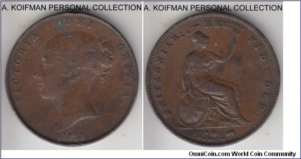 KM-739, 1858 Great Britain penny; copper, plain edge; very good to fine, couple of spots and cleaned, few edge knocks aquired in circulation, WW in trancation, but beyond this I cannot determine if it is one of the many varieties existing for the year and type.