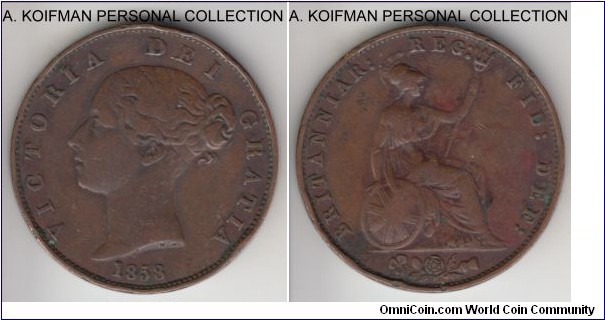KM-726, 1858 Great Britain half penny; copper, plain edge; fine details, young Victoria, first type, few edge knocks and probably cleaned.