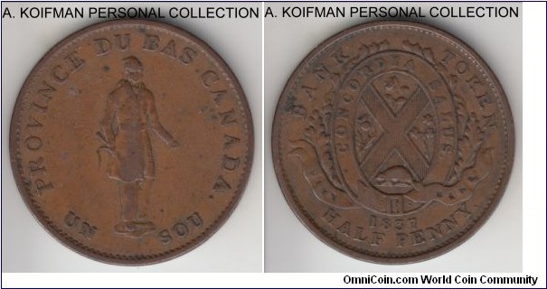 KM-Tn6, Breton-522, Charlton# LC-8A3, 1837 Lower Canada sou (1/2 penny); copper, plain edge; this is a variety with the CITY BANK on the reverse ribbon, coin (180 degree) rotatin and a V slightly below the I, appear to be a very fine.