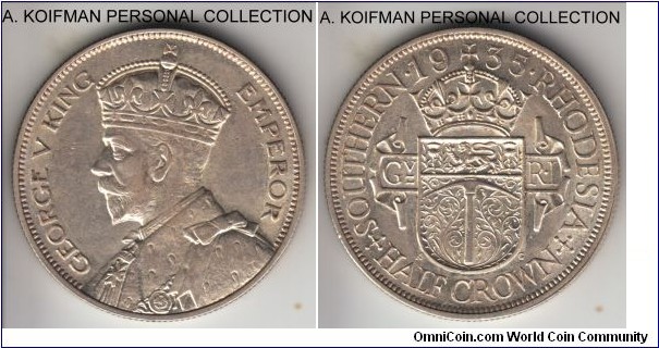 KM-5, 1935 Southern Rhodesia 1/2 crown; silver, reeded edge; relatively common George V mintage, about uncirculated.