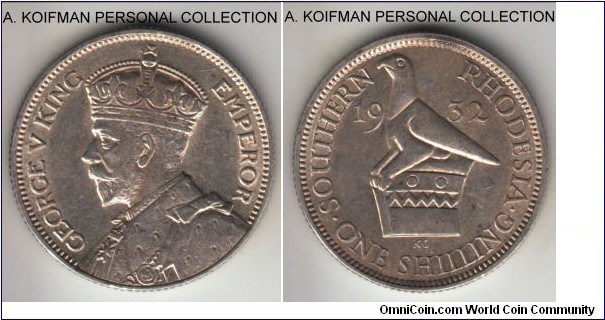 KM-3, 1932 Southern Rhodesia shilling; silver, reeded edge; George V first year of mintage, lustrous about uncirculated.