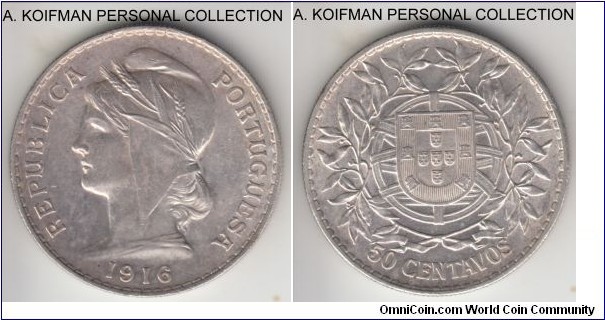 KM-561, 1916 Portugal 50 centavos; silver, reeded edge; early Republic coinage, last year of the type and first silver coinage, lightly toned uncirculated or almost.