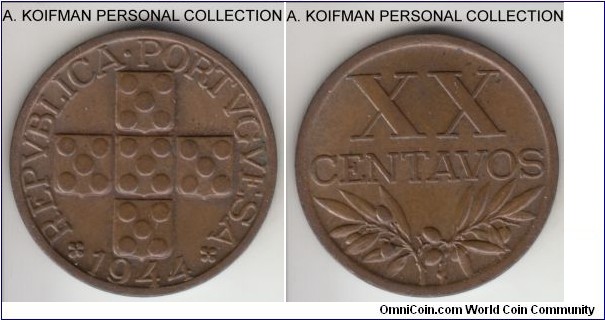 KM-584, 1944 Portugal 20 centabos; bronze, plain edge; less common early years of the type, brown uncirculated or about.