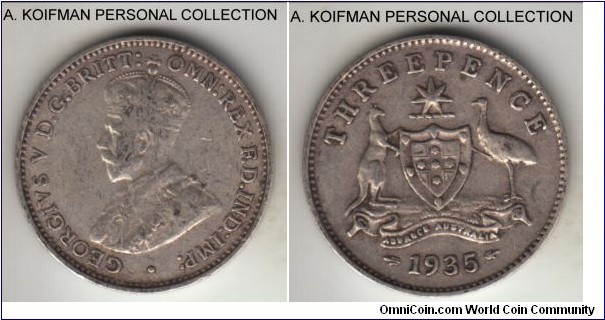 KM-24, 1935 Australia 3 pence, Melbourne mint (no mint mark); late George V,  average circulated, fine or so.