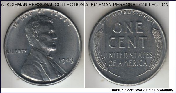 KM-132a, 1943 United States of America cent; zinc coated steel, plain edge; war time issue, good and nice uncirculated, minimal toning.