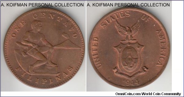 KM-179, 1944 Philippines Commonwealth centavo, San Francisco mint (S mint mark); bronze, plain edge; common coin minted in over 50 million for liberation of the Philippines in nice red brown uncirculated condition.