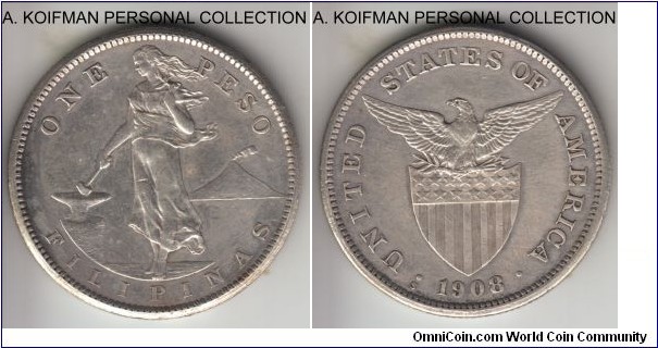 KM-172, 1908 Philippines (US-Philippines Commonwealth) peso, San Francisco mint (S mint mark); silver, reeded edge; common US Administration issue, good very fine, but a little too blight for natural toning, so probably cleaned.