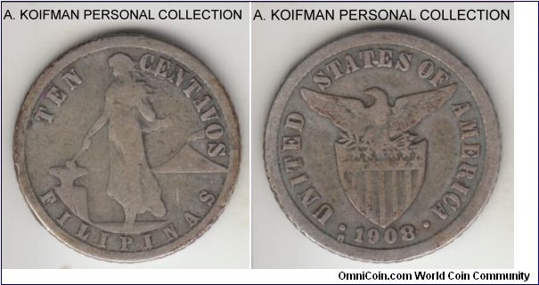 KM-169, 1908 Philippines (US-Philippines Commonwealth) 10 centavos, San Francisco mint (S mint mark); silver, reeded edge; earlier but common US Administration issue, good fine.