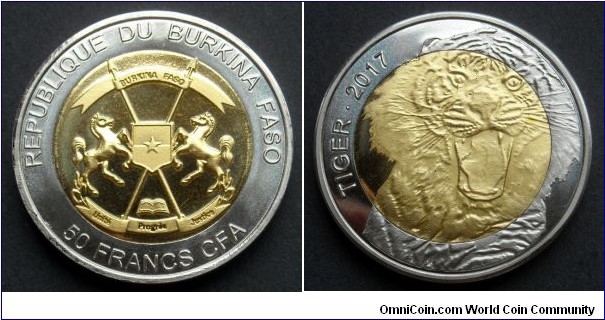 Burkina Faso 50 francs.
2017, Tiger. Bimetal.