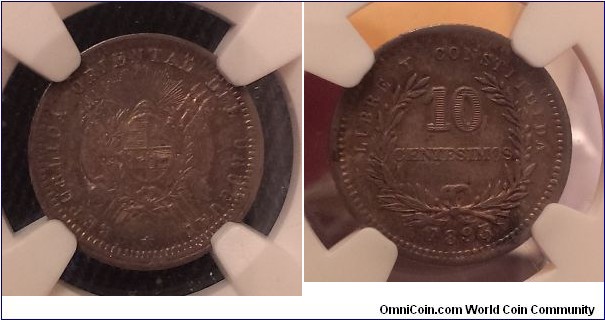 KM-14, 1893 Uruguay 10 centesimos; silver, reeded edge; rare no mint mark variety, NGC graded MS 64.