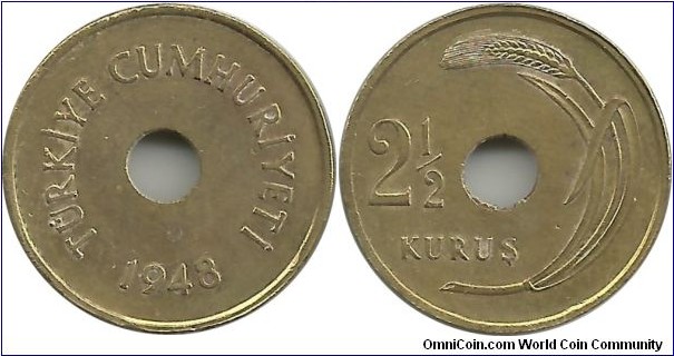 Türkiye 2½ Kuruş 1948 (Cu 70%, Zn 30%)