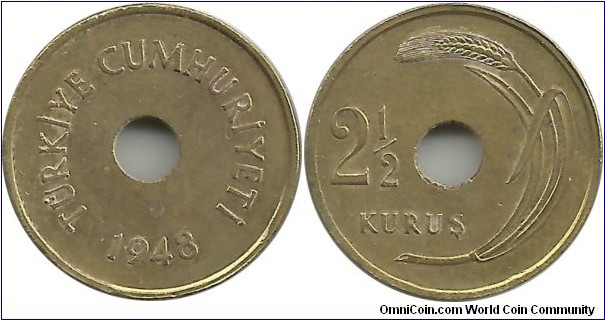 Türkiye 2½ Kuruş 1948 (Cu 70%, Zn 30%)