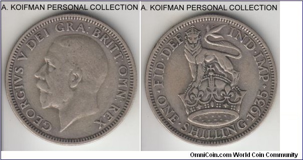 KM-833, 1935 Great Britain shilling; silver, reeded edge; George V late mintage. circulated, very fine or about.