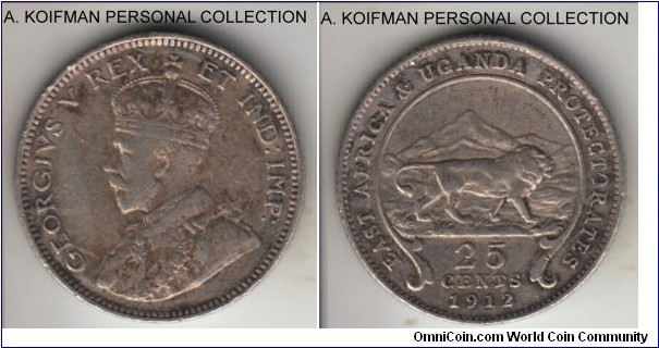 KM-10, 1912 British East Africa 25 cents; silver, reeded edge; first year of the type, scarce and limited mintage, very fine or just a little shy.