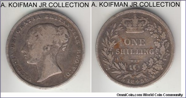 KM-734.1, 1845 Great Britain shilling; silver, reeded edge; Victoria first type, naturally toned very good.