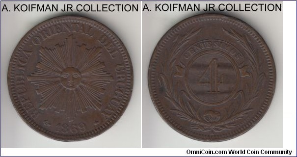 KM-13, 1869 Uruguay 4 centesimos, Paris mint (A mintmark); bronze, plain edge; 1-year type, brown extra fine details, few edge bumps on this large and heavy coin.