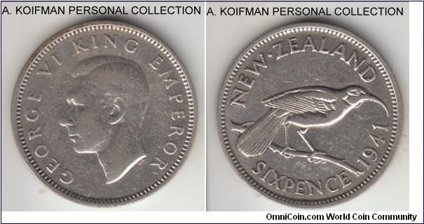 KM-8, 1941 New Zealand 6 pence; silver, reeded edge; key year with small mintage, cleaned fine to very fine.