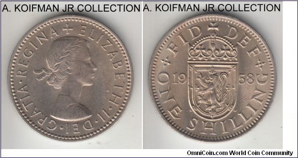 KM-905, 1958 Great Britain shilling, Scottish crest; copper-nickel, reeded edge; Elizabeth II, average uncirculated, light obverse toning.