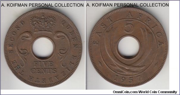 KM-37, 1957 East Africa 5 cents, Heaton mint (H mint mark); bronze, plain edge; dark brown good extra fine or better.