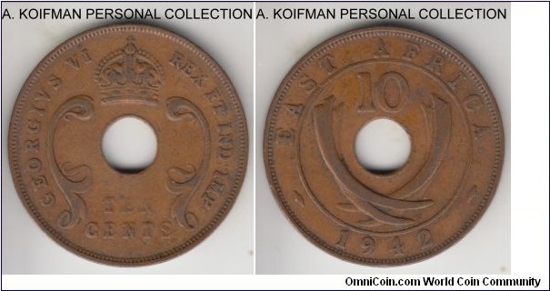 KM-26.2, 1942 East Africa 10 cents, Bombay mint (I mint mark); bronze, plain edge; while very faint, the mint mark is clearly there, good fine to very fine condition