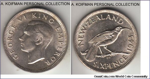 KM-8, 1943 New Zealand 6 pence; silver, reeded edge; common year minted in abundance, but a very nice lustrous coin in uncirculated condition.