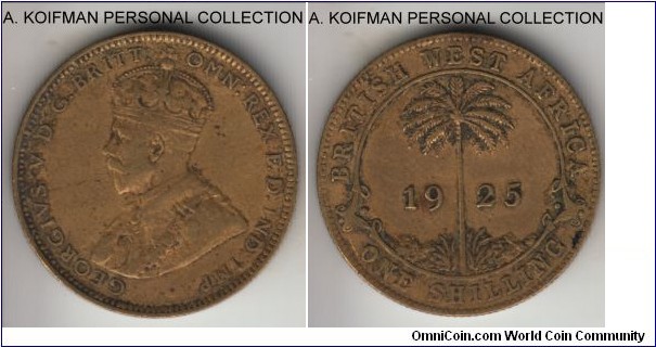 KM-12b, 1926 British West Africa shilling, King Norton's mint (KN mint mark); tin-brass, reeded edge; very fine or so, scarce year despite large mintage.
